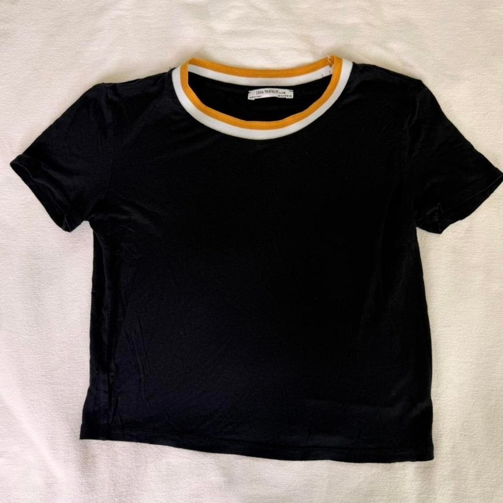 Zara Trafaluc T-Shirt Women‎ Small Black Cotton Ringer Tee Striped Neck Retro